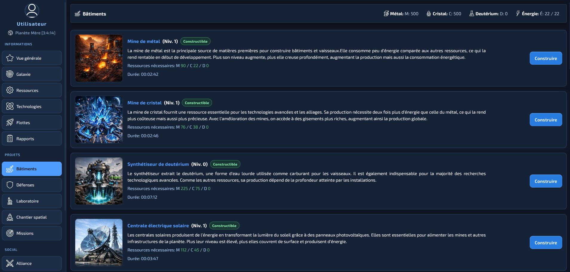 Vue d'ensemble du jeu spatial